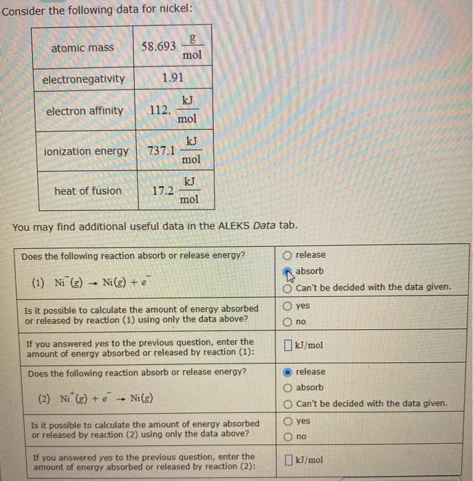 Solved Consider the following data for nickel atomic mass