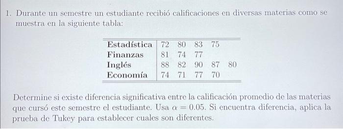 1. Durante un semestre un estudiante recibió calificaciones en diversas materias como se muestra en la siguiente tabla: Dete