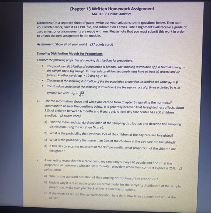 Chapter 13 Written Homework Assignment MATH-138 | Chegg.com