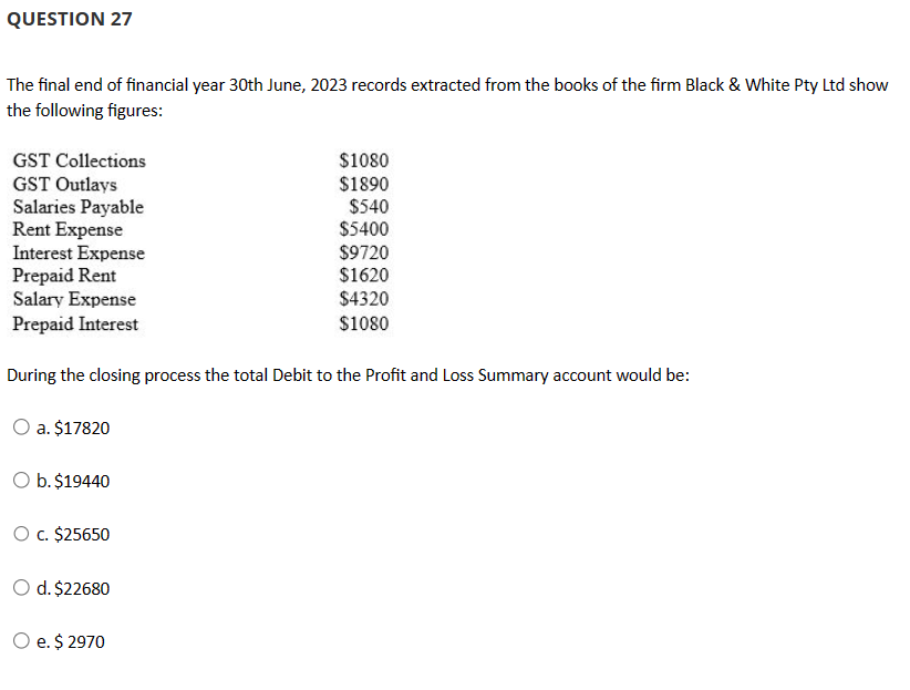 Solved QUESTION 27The final end of financial year 30th June, | Chegg.com