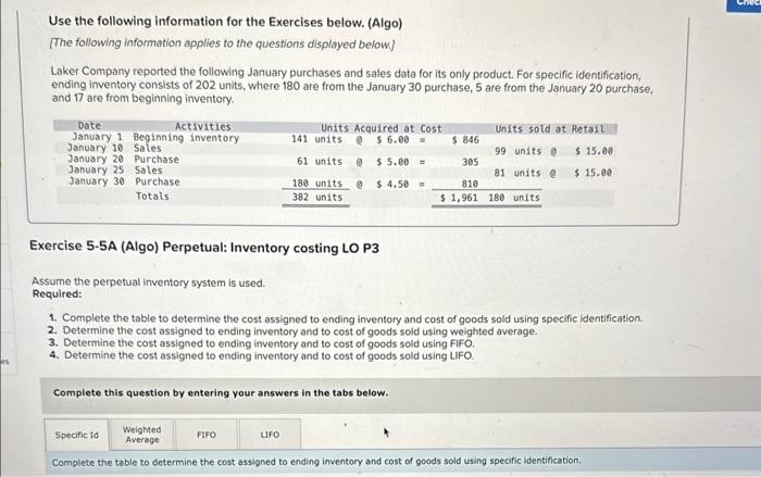 Solved Use the following information for the Exercises | Chegg.com