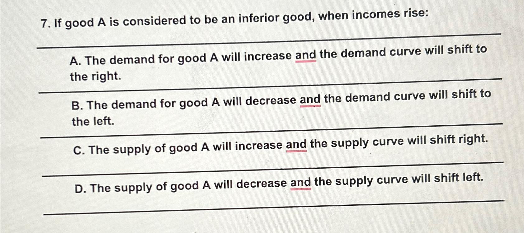 Solved If good A ﻿is considered to be an inferior good, when | Chegg.com