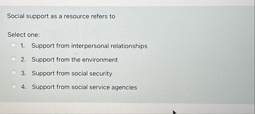 Solved Social support as a resource refers toSelect | Chegg.com