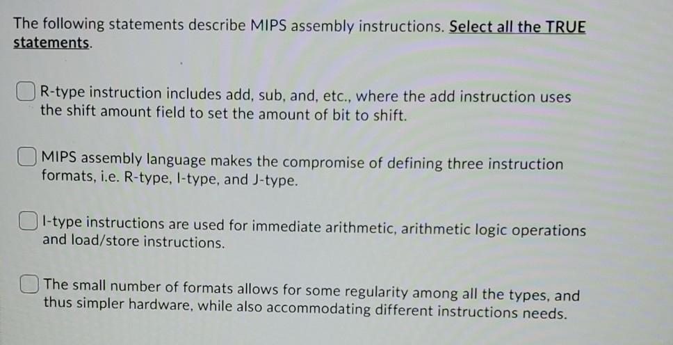 Solved The Following Statements Describe Mips Assembly Chegg Com