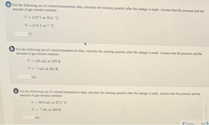 Solved For The Following Set Of Volume Temperature Data, | Chegg.com