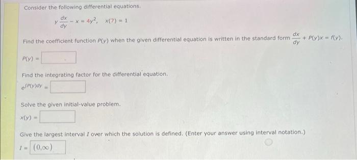 Solved Consider the following differential equations. dx y | Chegg.com