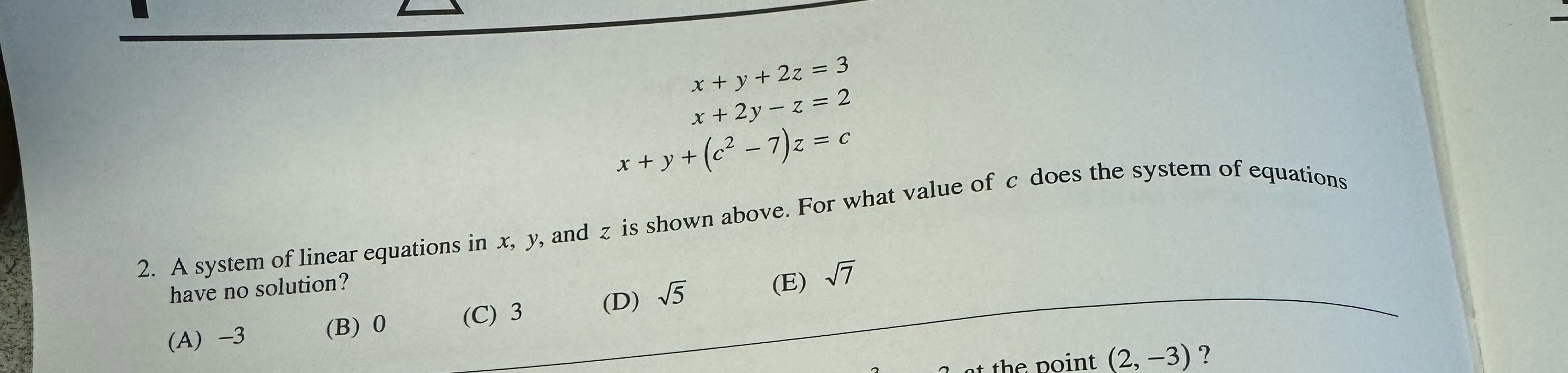 Solved x+y+2z=3x+2y-z=2x+y+(c2-7)z=cA system of linear | Chegg.com