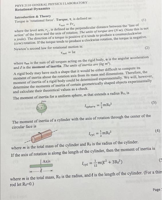 Solved PHYS 2110 GENERAL PHYSICS I LABORATORY Rotational | Chegg.com