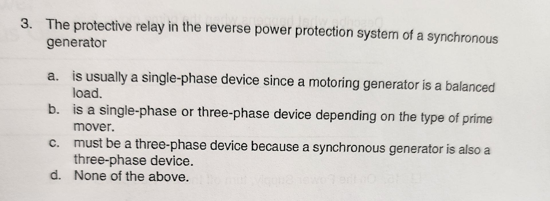 Solved The protective relay in the reverse power protection | Chegg.com