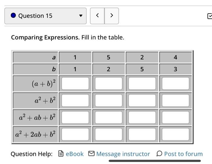 Solved Comparing Expressions. Fill in the table. Question | Chegg.com