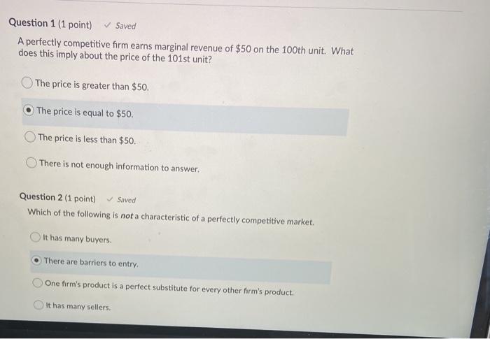 Solved Question 1 (1 point) Saved A perfectly competitive | Chegg.com