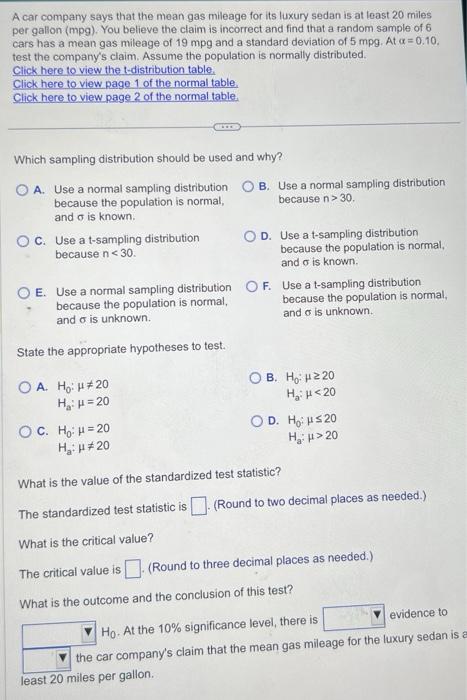 Solved A car company says that the mean gas mileage for its | Chegg.com