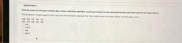 Solved Find the mean for the given sample data. Unless | Chegg.com