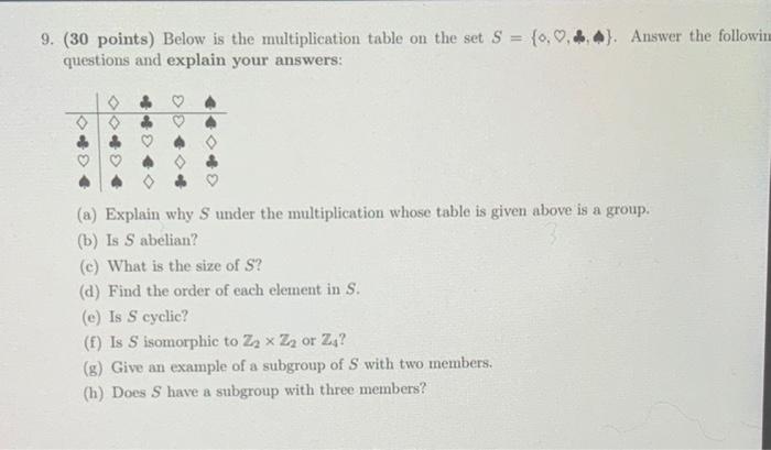 Solved 9. (30 Points) Below Is The Multiplication Table On 