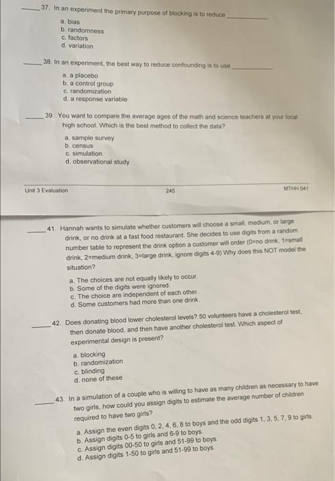 Solved 37. In an experiment the primary purpose of blocking | Chegg.com