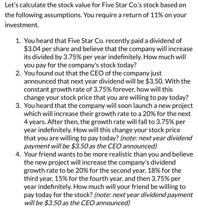 Solved Let's calculate the stock value for Five Star Co.'s | Chegg.com