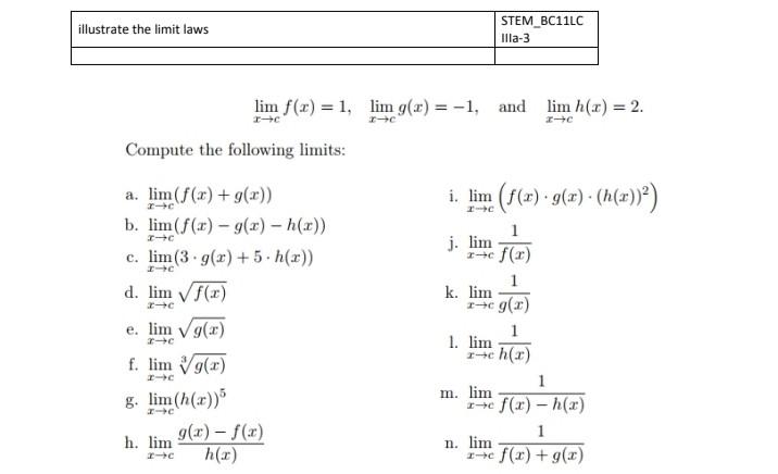 Solved Illustrate The Limit Laws Stem 11lc Illa 3 Lim F Chegg Com