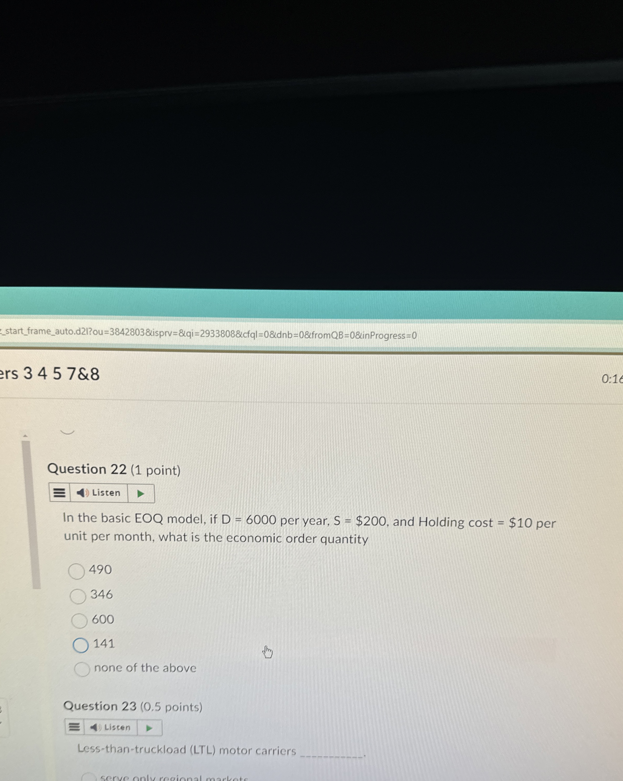 Solved Question 22 (1 ﻿point)In the basic EOQ model, if | Chegg.com