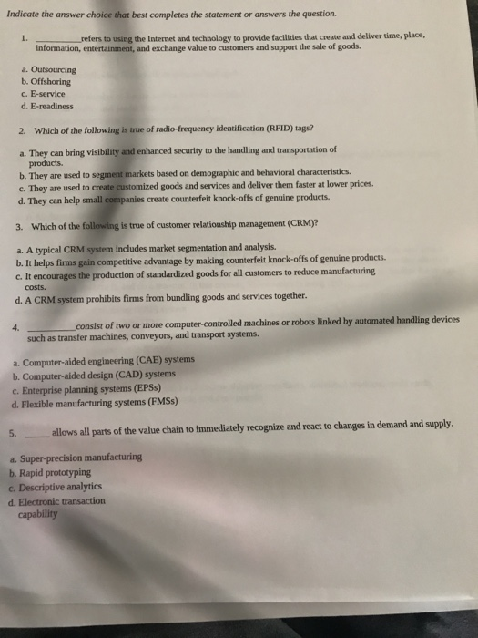 Solved Indicate the answer choice that best completes the | Chegg.com