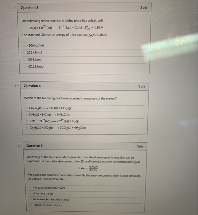 Solved D Question 3 3 pts The following redox reaction is | Chegg.com