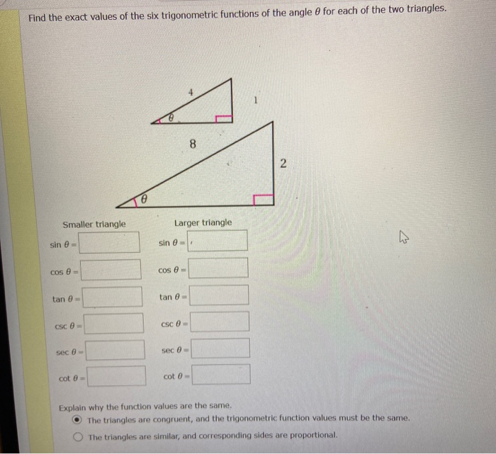 Solved Find the exact values of the six trigonometric | Chegg.com