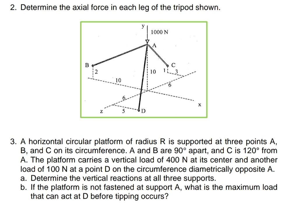 2. Determine the axial force in each leg of the tripod shown.
3. A horizontal circular platform of radius \( R \) is supporte