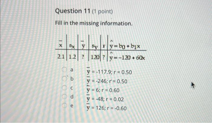 Fill in the missing information. a \( \bar{y}=-117.9 ; r=0.50 \) b \( \quad \bar{y}=-246 ; r=0.50 \) c \( \quad \mathbf{y}=6