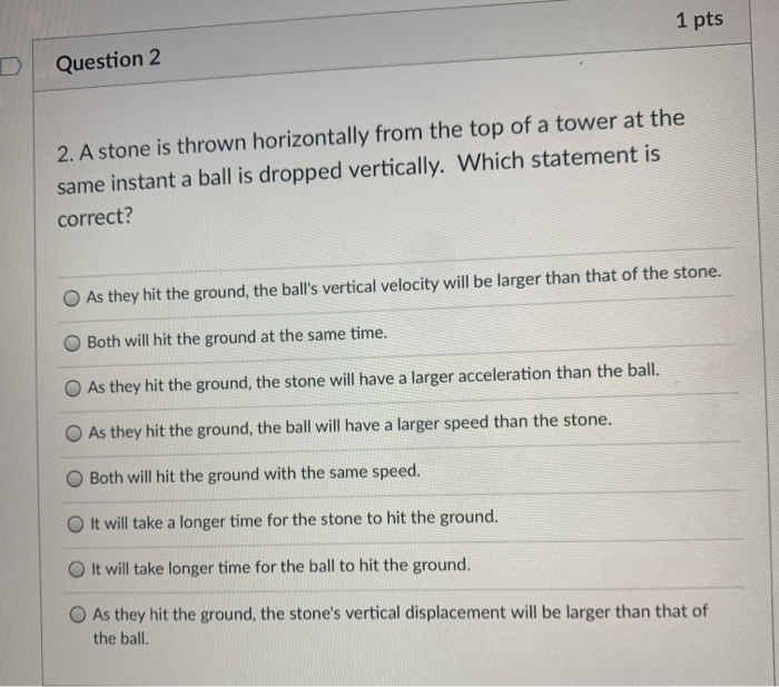Solved 1 pts Question 1 1. A stone is thrown horizontally | Chegg.com