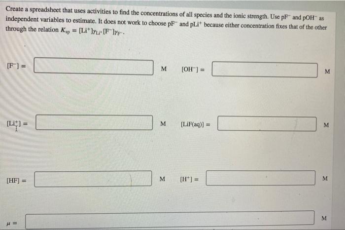 Create a spreadsheet that uses activities to find the concentrations of all species and the ionic strength. Use \( \mathrm{pF