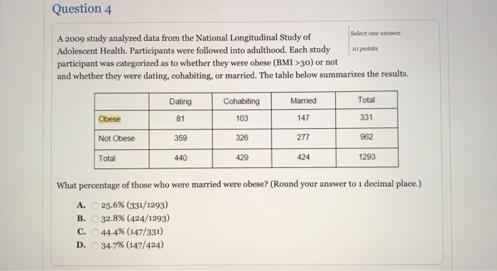 Solved Question 4 Select one answer. A 2009 study analyzed | Chegg.com