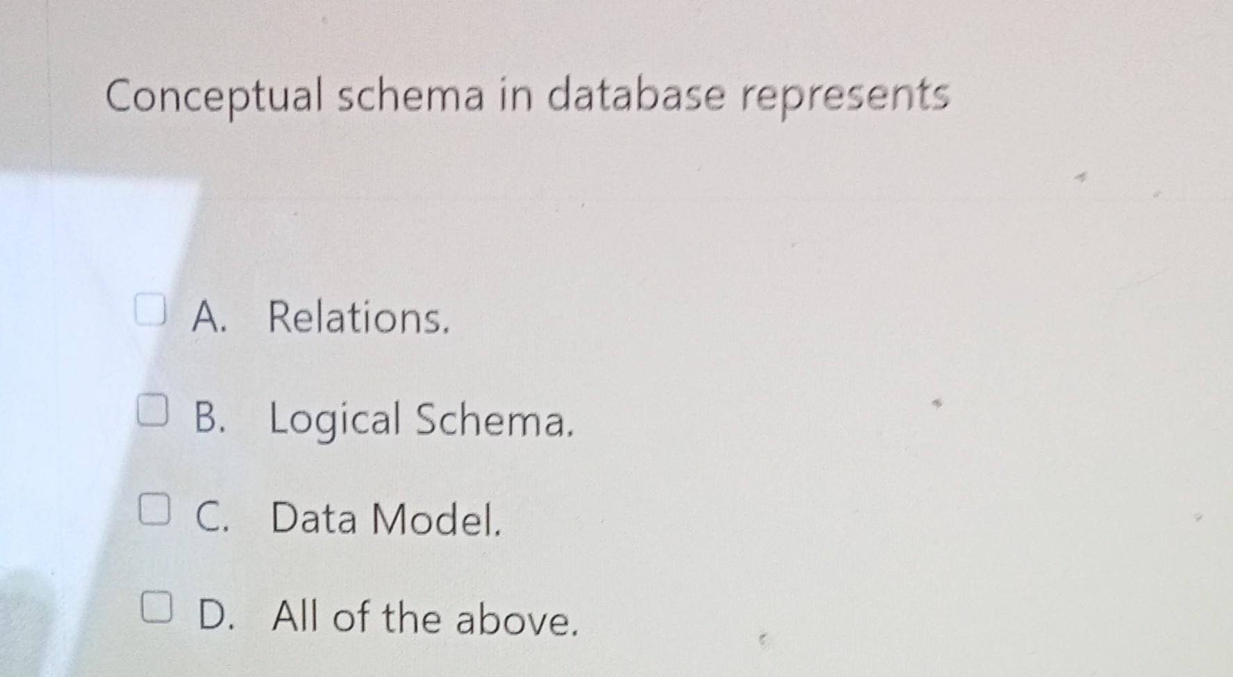 Solved Conceptual schema in database represents A. | Chegg.com