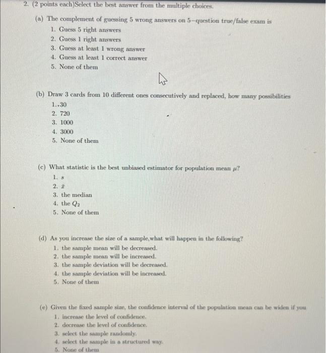 Solved 2. (2 points each Select the best answer from the | Chegg.com