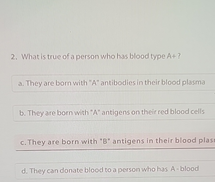 Solved What is true of a person who has blood type A+ ?a. | Chegg.com