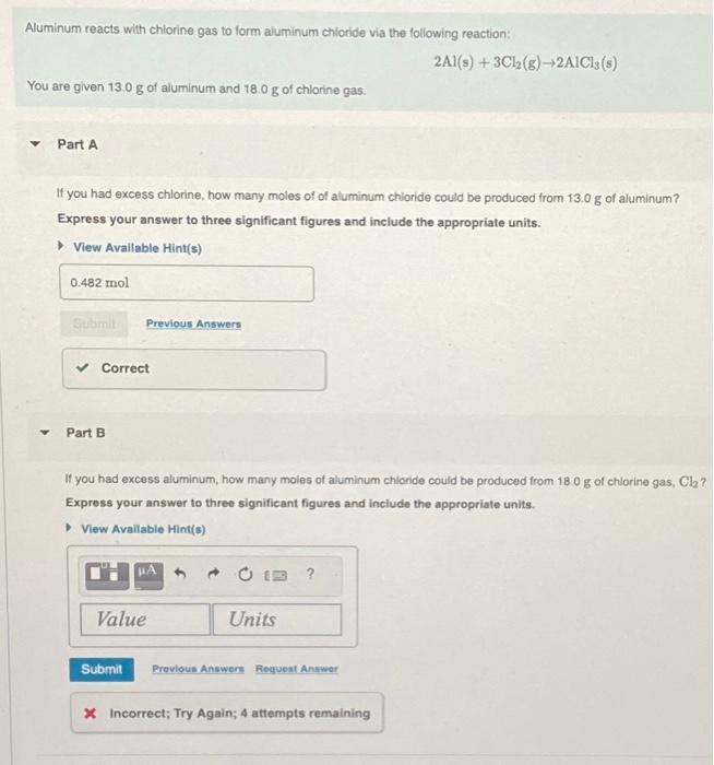 Solved Aluminum reacts with chlorine gas to form aluminum