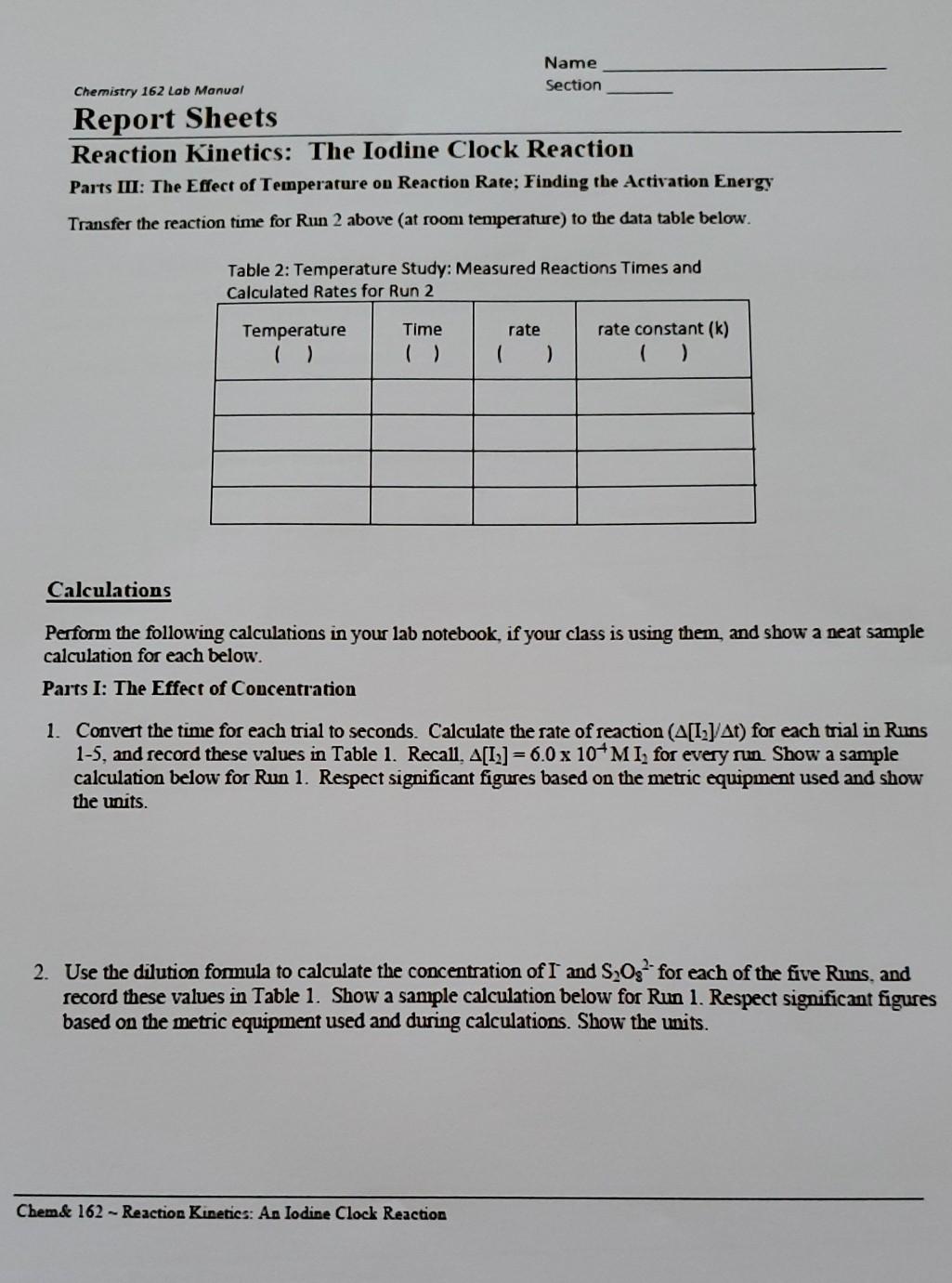 Solved Chemistry 162 Lab Manual Procedure Part I: The Effect | Chegg.com