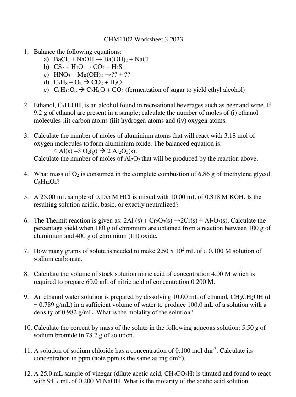 Solved 1. Balance the following equations: a) | Chegg.com