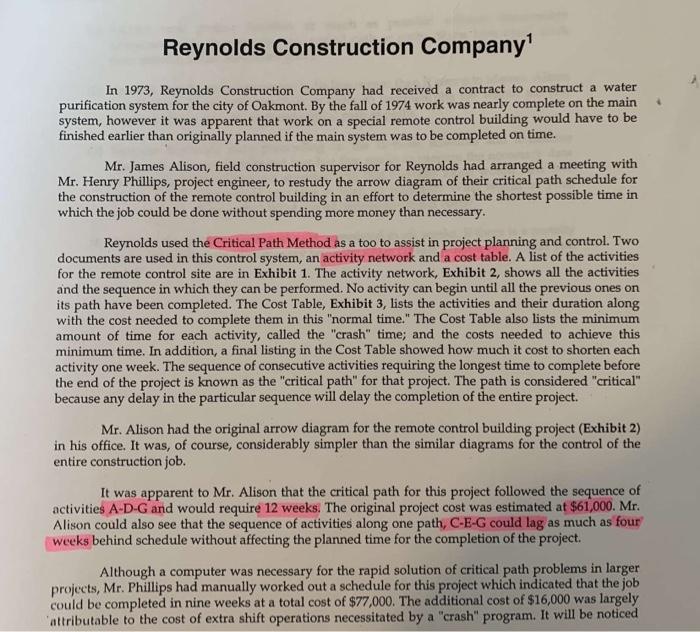 Solved Reynolds Construction Company In 1973, Reynolds