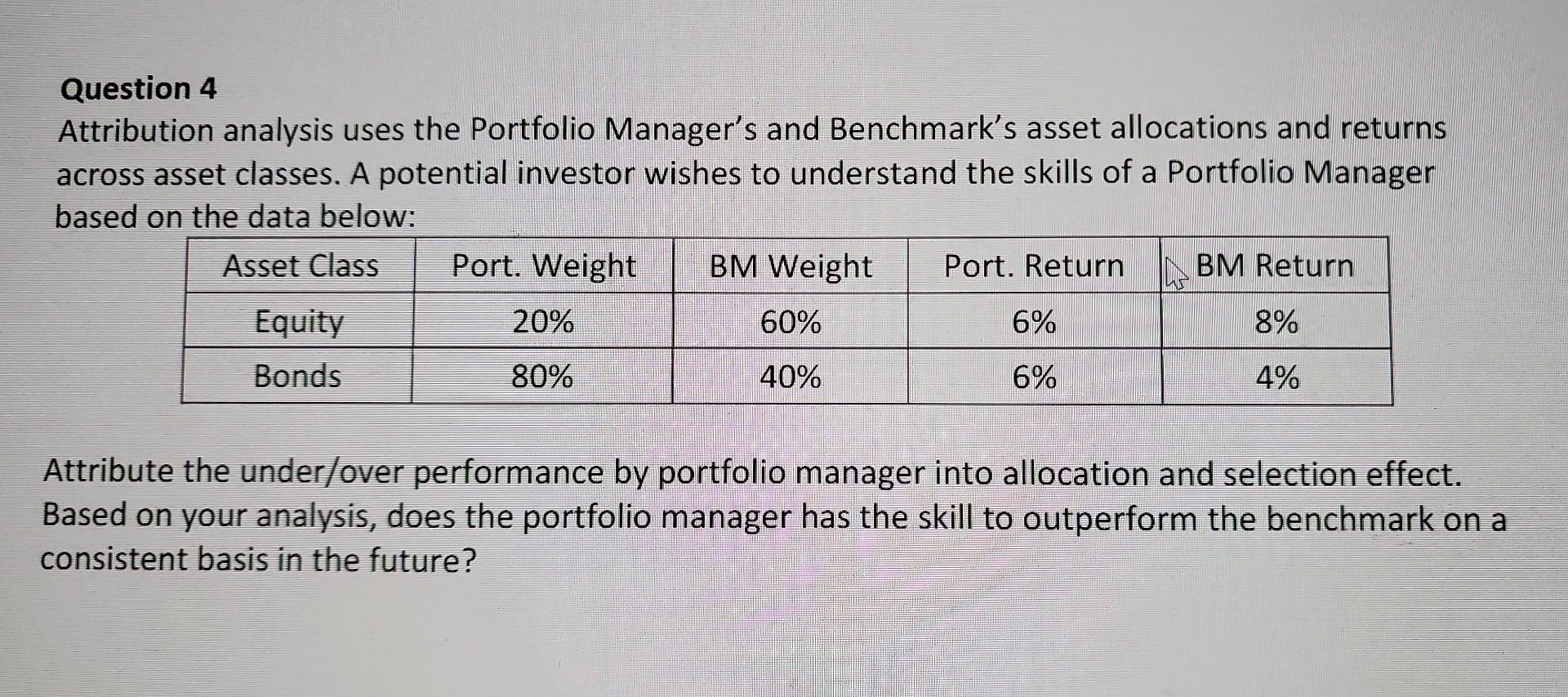 Solved Question 4 Attribution analysis uses the Portfolio