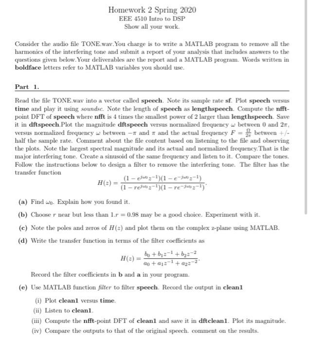 Homework 2 Spring 2020 EEE 4510 Intro to DSP Show all | Chegg.com