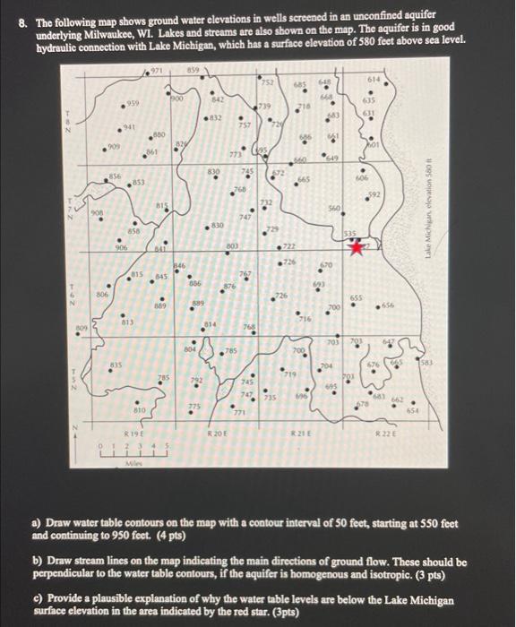 Solved 8. The following map shows ground water elevations in | Chegg.com