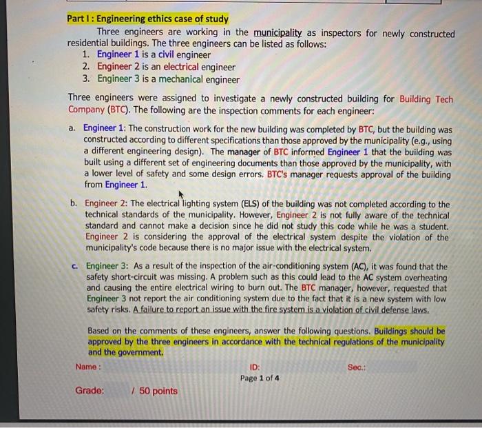 Solved Part I: Engineering ethics case of study Three | Chegg.com
