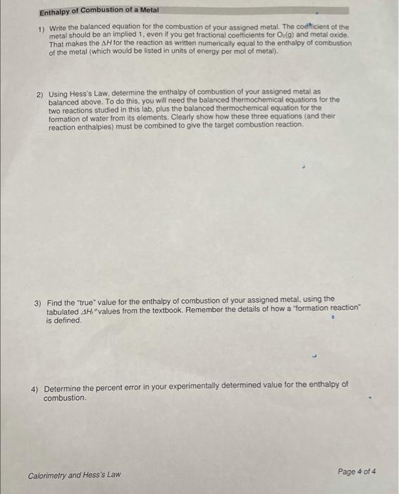 Lab Report Calorimetry and Hess's Law Metal + HCI