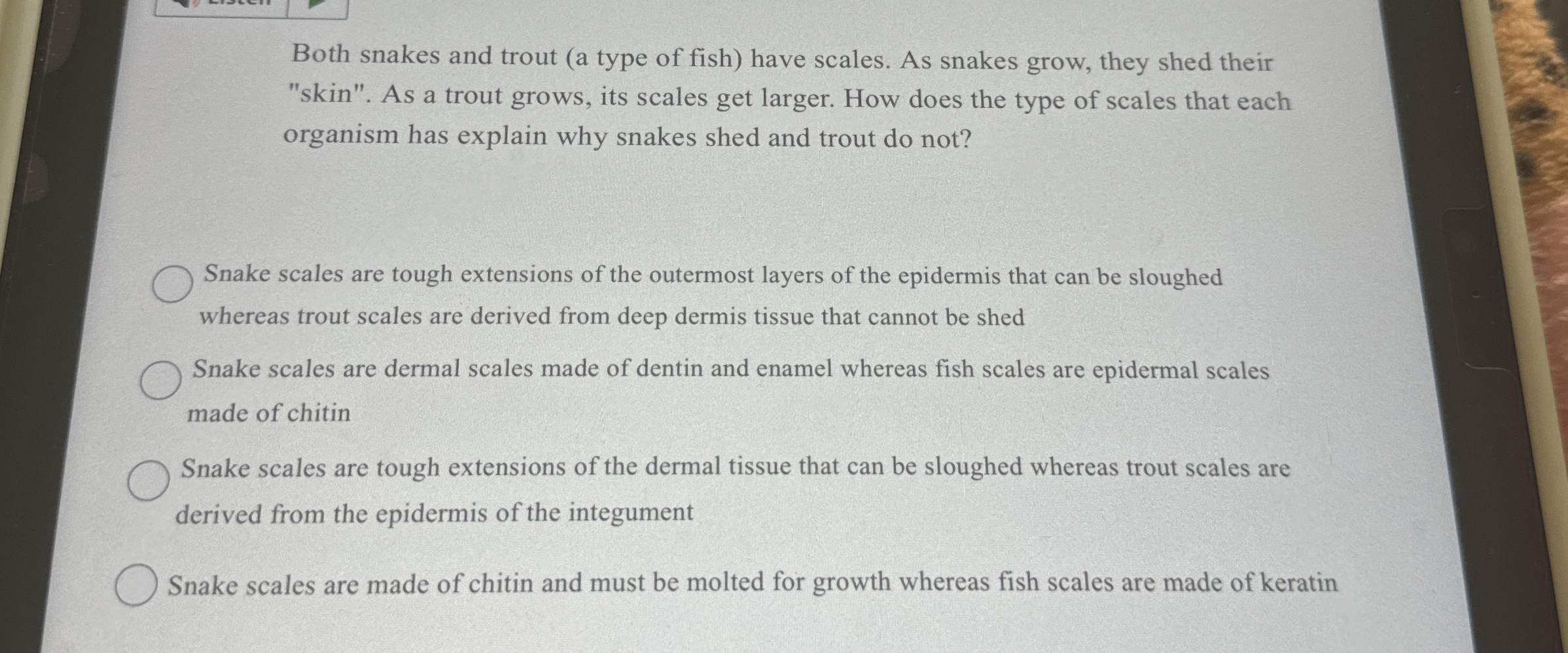 Solved Both snakes and trout (a type of fish) ﻿have scales. | Chegg.com