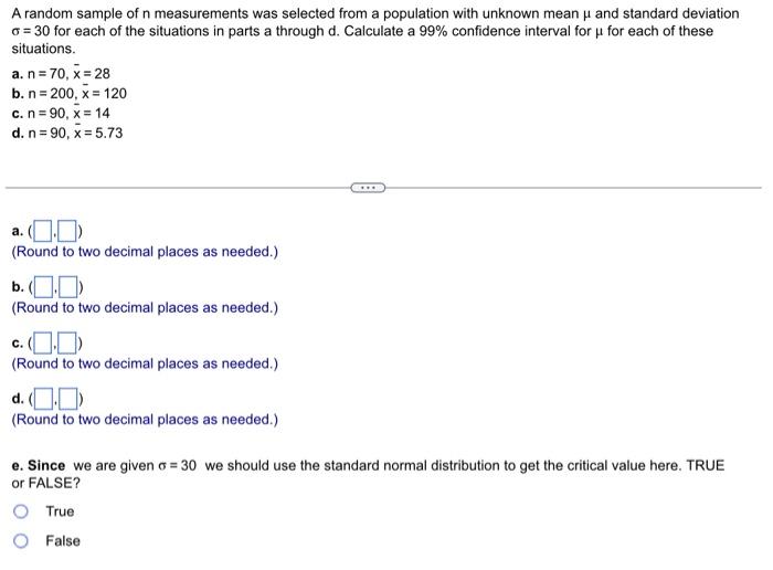 Solved A random sample of n measurements was selected from a | Chegg.com