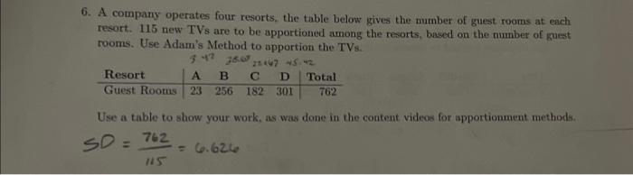 Solved 6. A company operates four resorts, the table below | Chegg.com