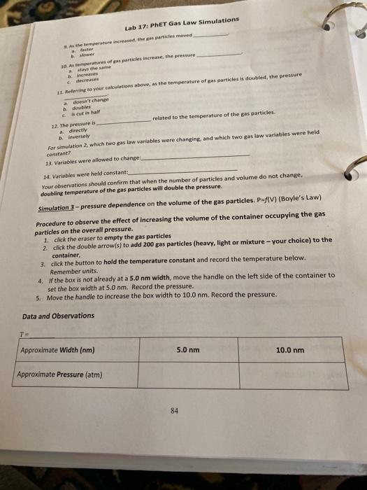 Lab 17 PhET Gas Law Simulations tic Name Section