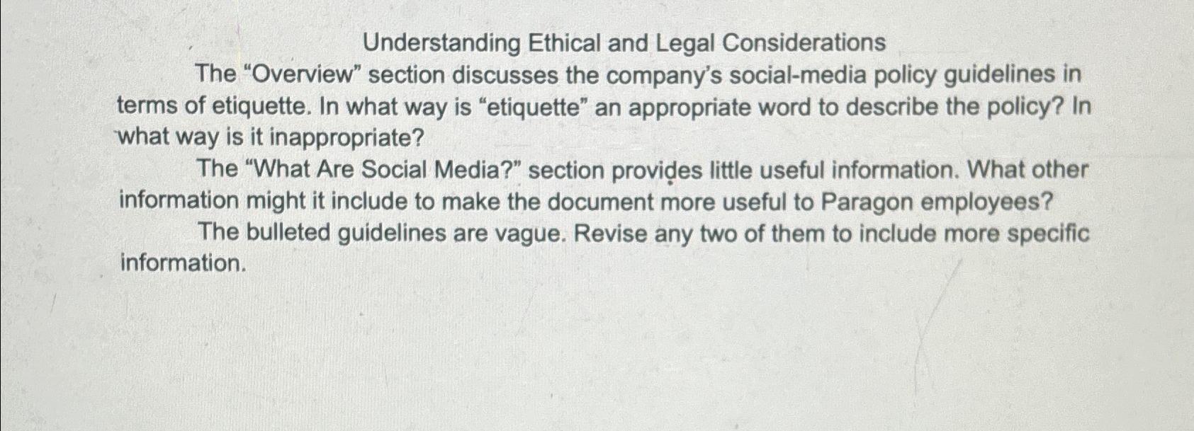 Solved Understanding Ethical and Legal ConsiderationsThe | Chegg.com