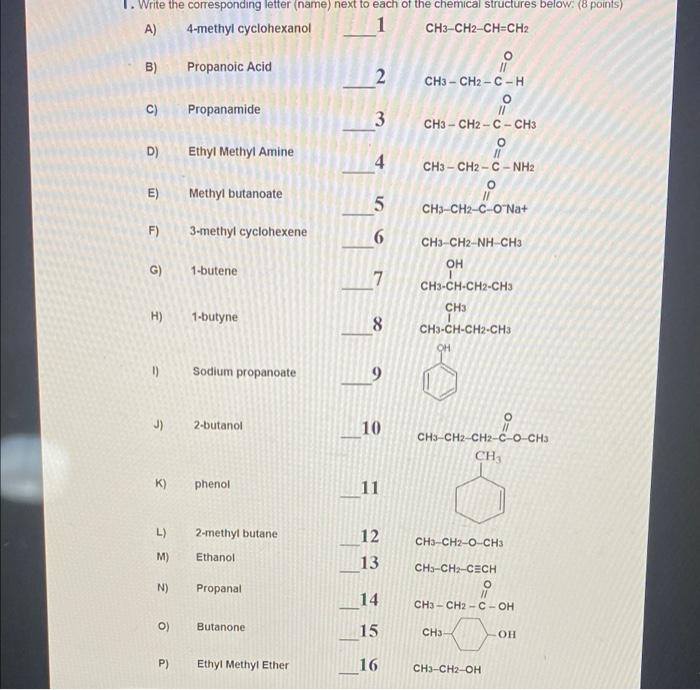 Solved 1. Write the corresponding letter (name) next to each | Chegg.com