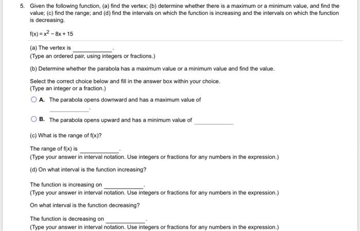 Solved 5. Given The Following Function, (a) Find The Vertex; | Chegg.com