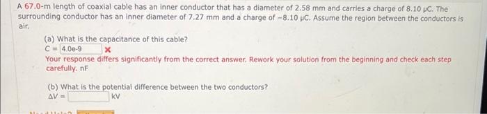 Solved A 67.0−m length of coaxial cable has an inner | Chegg.com